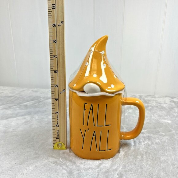 Rae‎ Dunn Fall Y'all Gnome Topper Mug NWOT Yellow Orange Polka Dot - Picture 5 of 5
